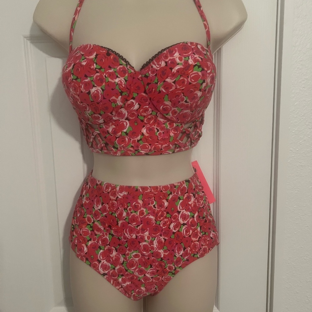 Betsy Johnson Floral Pink High-Waisted Bikini Set with corset style top.